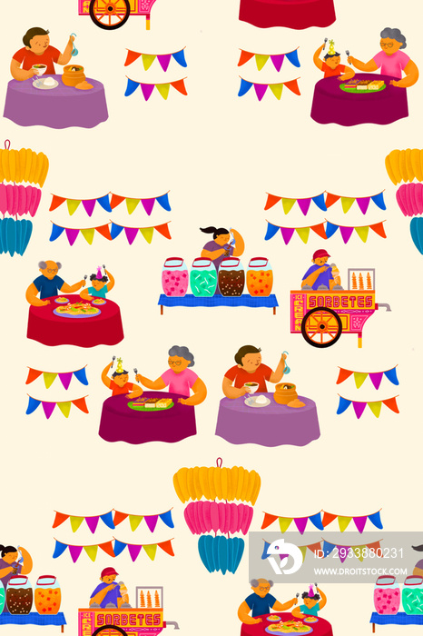 Filipino fiesta scene pattern on people eating outdoors with samalamig beverage vendor and sorbetes 