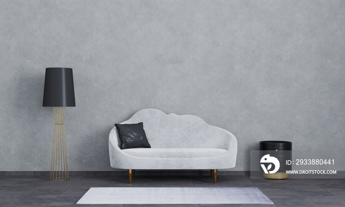 Modern interior of living room for mockup, luxury, loft. Grey sofa, black and gold lamp and bedside 