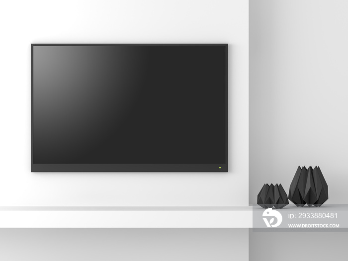 Minimal style empty tv screen mockup 3d render,Hanging on white wall,decorate with black dimond shap