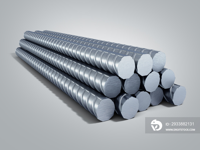 Reinforcement steel bar Steel building armature 3d illustration on grey gradient background