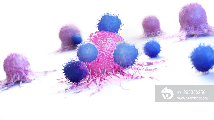 3d rendered medically accurate illustration of a cancer cell being attacked by leucocytes