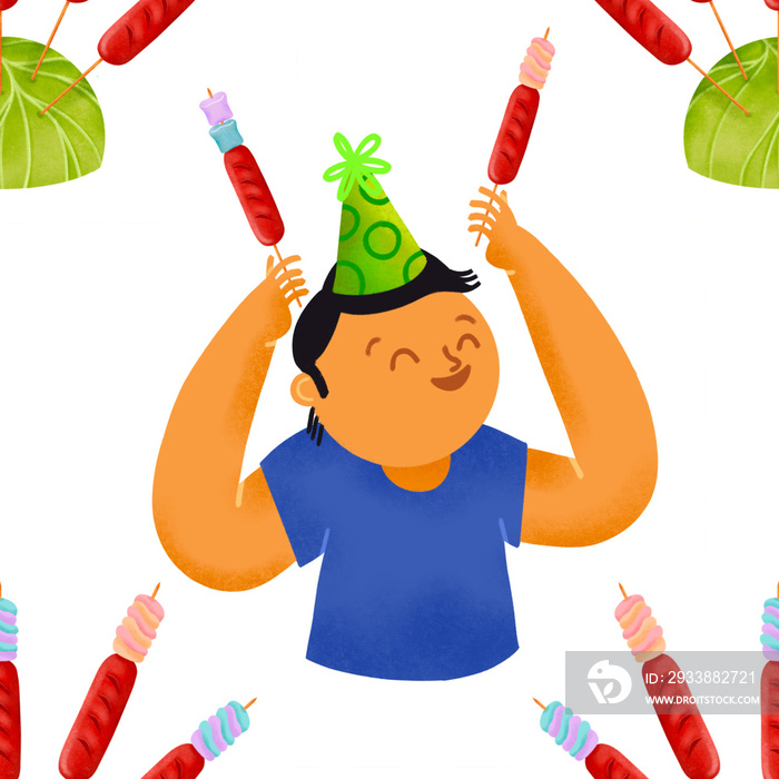 Filipino boy with party hat holding hotdog marshmallow sticks and hotdog sticks stuck on cabbage ill