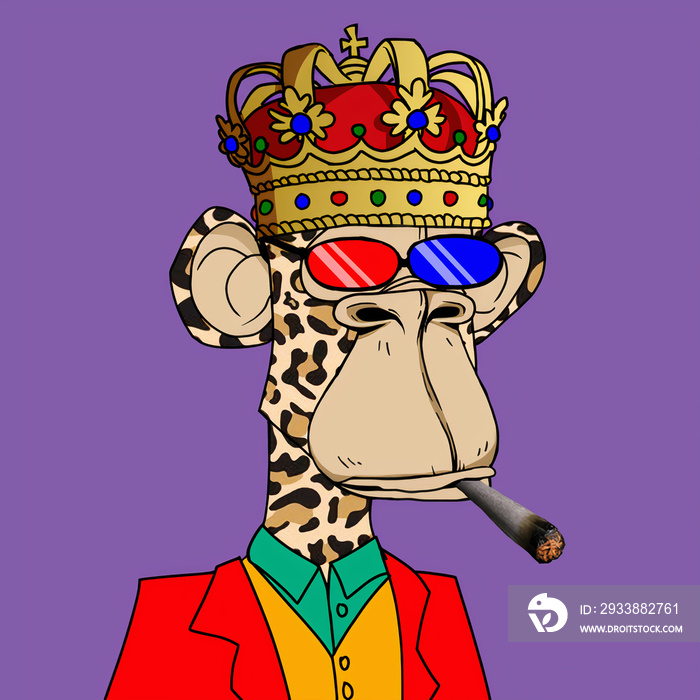 A cartoon Illustration design of the king monkey with a crown and smoking a cigarette