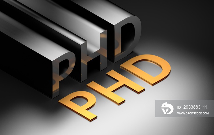 Large bold letters PHD abbreviation of Doctor of Philosophy on black background