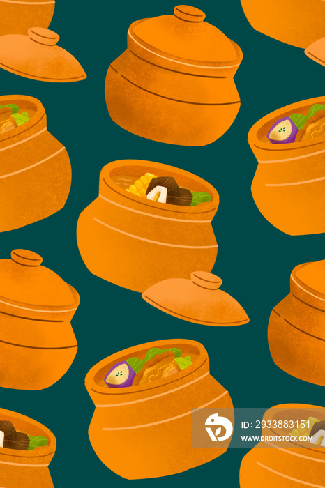 Filipino stews bulalo and pinakbet inside palayok on dark green background illustrated pattern