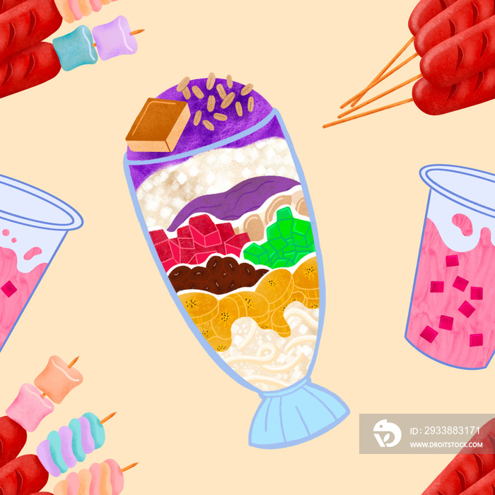 Filipino halo-halo, hotdog marshmallow sticks, and pink gulaman on cream background illustrated patt