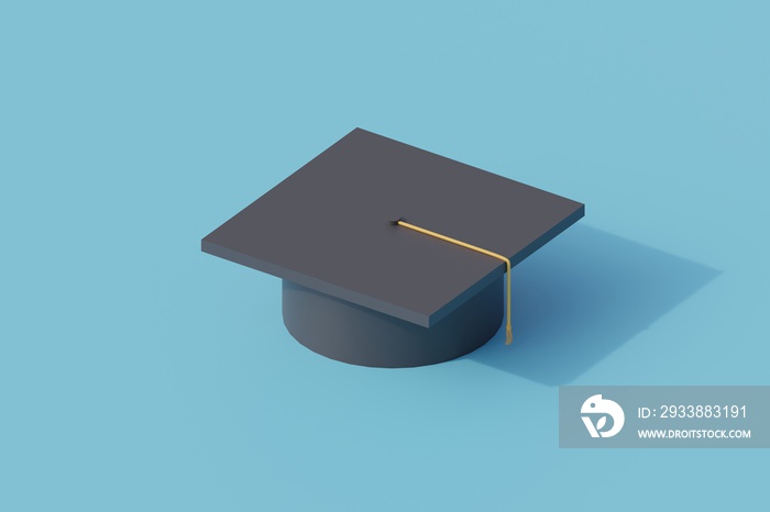 graduation hat single isolated object. 3d render illustration with isometric