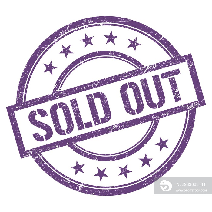 SOLD OUT text written on purple violet vintage stamp.