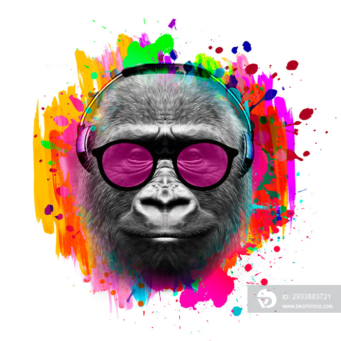 gorilla monkey head with eyeglasses and headphones with creative colorful abstract elements on dark 