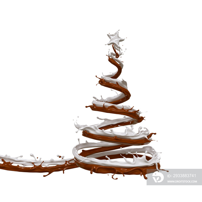 Christmas tree with star made from chocolate and milk splash, 3d illustration with clipping path.