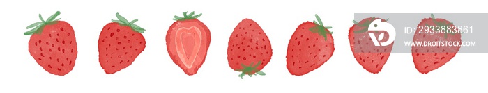 水彩画。水彩タッチの一列に並んだ苺イラスト。白バックの背景壁紙。Watercolor painting. Illustration of strawberries in a row of waterc