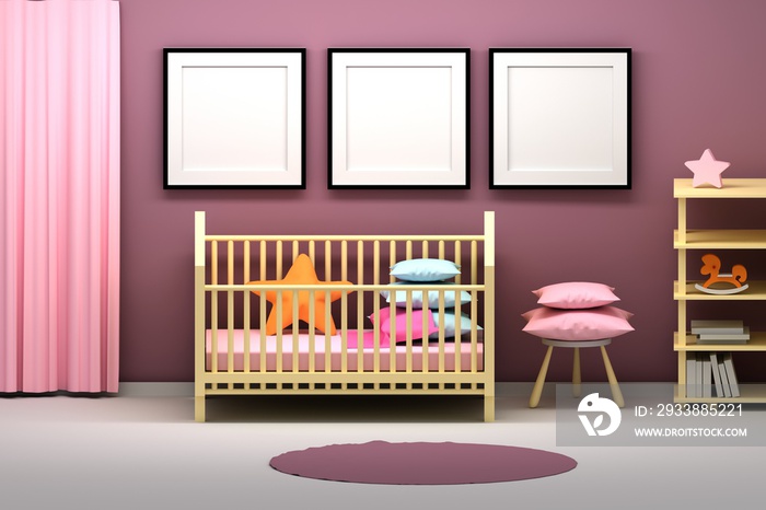 儿童婴儿房，有三个空的空白方形框架、摇篮、凳子、粉色枕头和窗帘、地毯