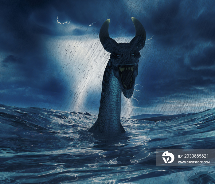 3d illustration of a Sea Dragon or Sea Serpent rearing up out of the ocean during a storm with rain 