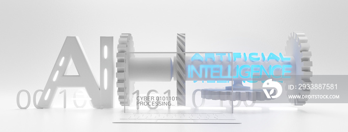 artificial intelligence symbolic machine and gears with transparent computer screen and binary code 