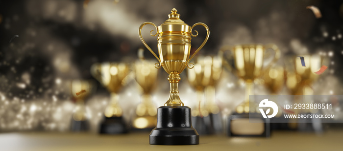 Golden trophy award on dark background.  Gold winners trophy with copy space for text.  3d rendering