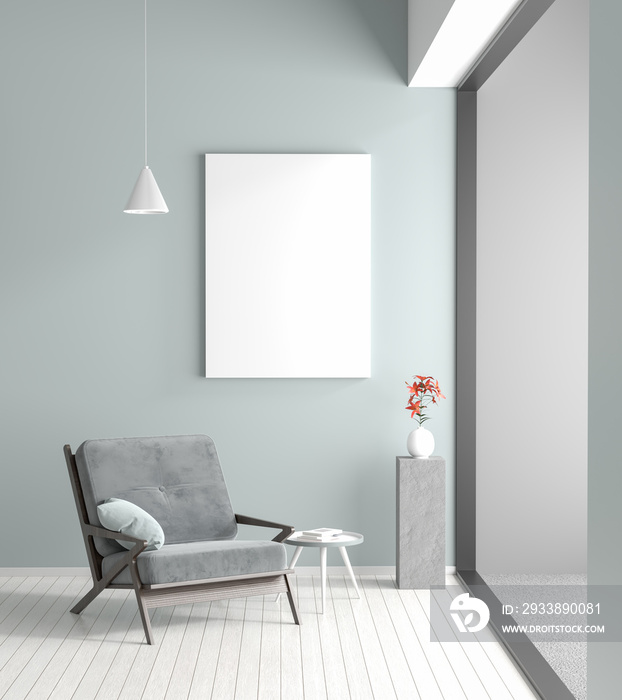 Mock up poster frame in Scandinavian style hipster interior. Minimalist modern room with armchair. 3