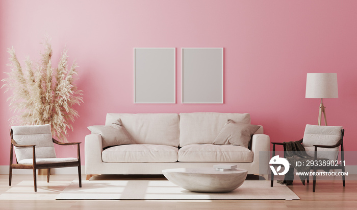 粉红色房间内部的空白相框实物模型，三维渲染