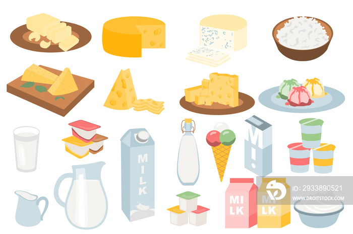 Milk products set in flat cartoon design. Different types of cheeses, cottage cheese in bowl, milk i