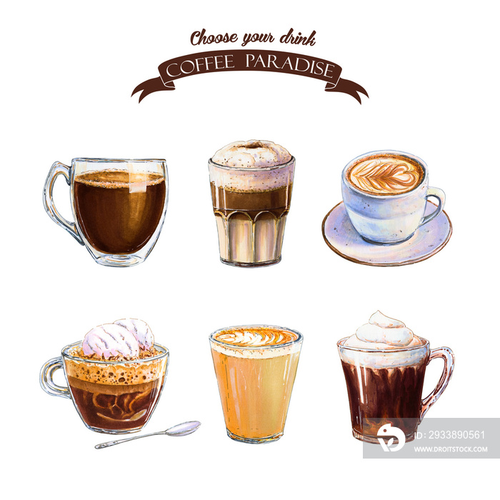 Coffee kitchen print. Coffee Poster. Americano, irish coffe, glace and cappuccino.  Drink art print.