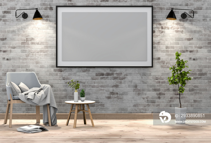 mock up poster frame in interior living room and chair, 3D render