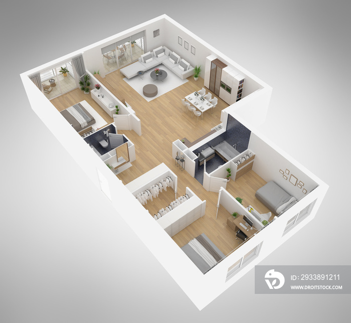 Home floor plan top view 3D illustration. Open concept living apartment layout