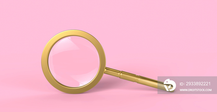 Golden magnifying glass isolated on minimal pink background. The reflection of light and glare. Educ