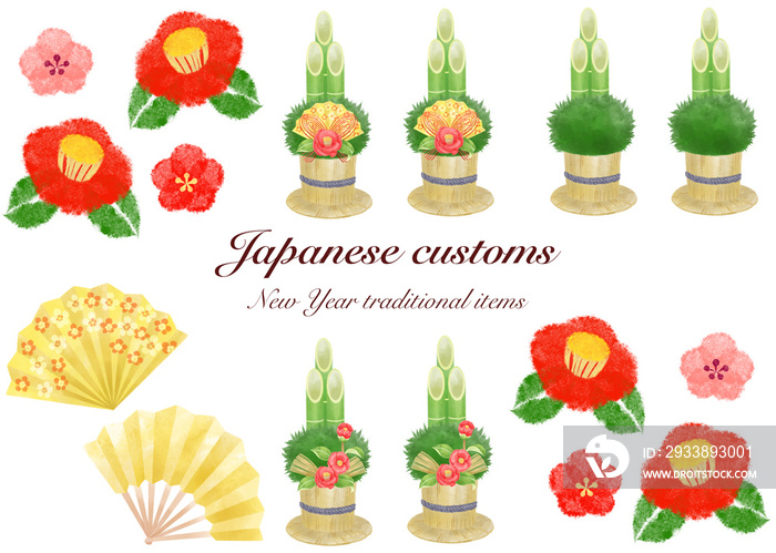 新年のアイテムイラストセット／Japanese traditional New Year item illustration set