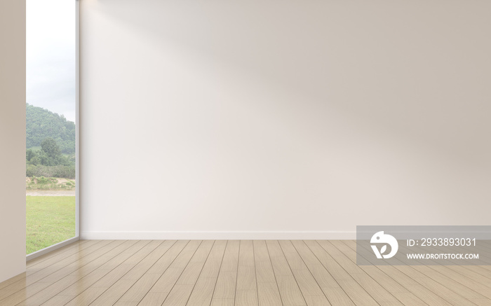 Mock-up of white empty room and wood laminate floor with sun light cast the shadow on the wall,Persp