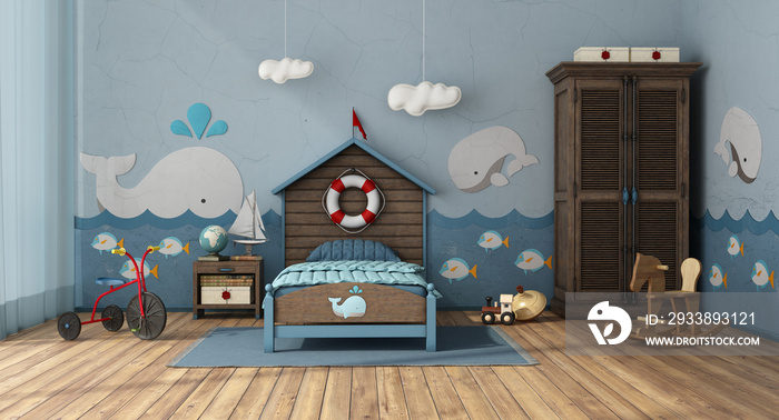 复古风格的儿童房，海洋风格，带玩具