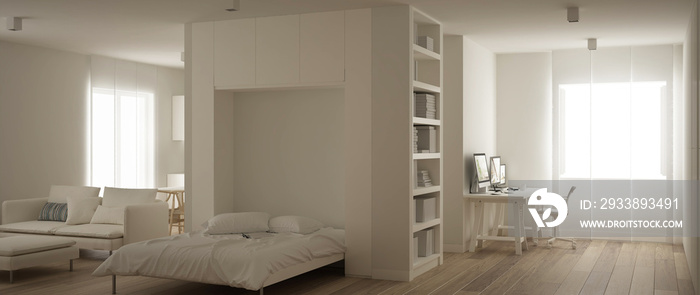 带Murphy墙床、客厅和家庭工作场所的一室公寓全景。镶木地板f