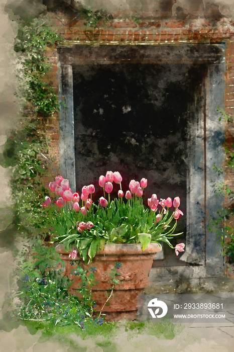 Digital watercolour painting of English country house garden in Spring