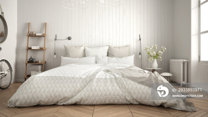 斯堪的纳维亚极简主义卧室，带大窗户和人字形镶木地板，白色室内设计，关闭