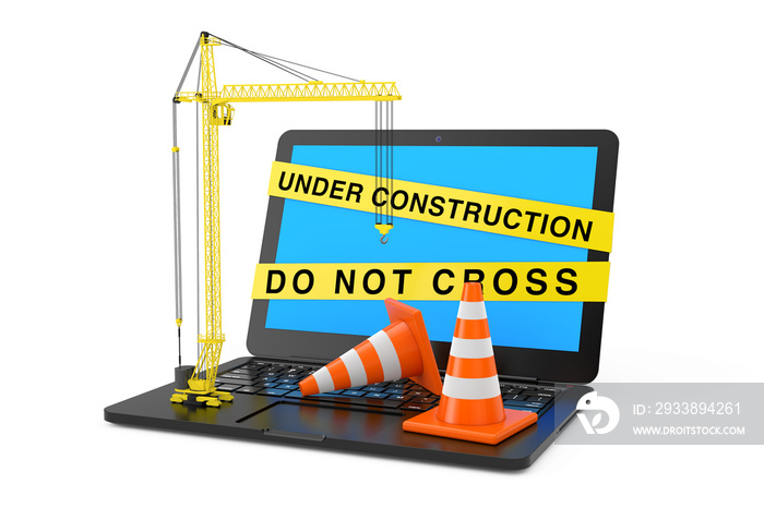 Orange Traffic Cones and Yellow Tower Crane over Laptop with Under Construction Tape. 3d Rendering
