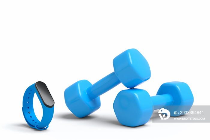 Isometric view of sport equipment like smart watches and dumbbell on white