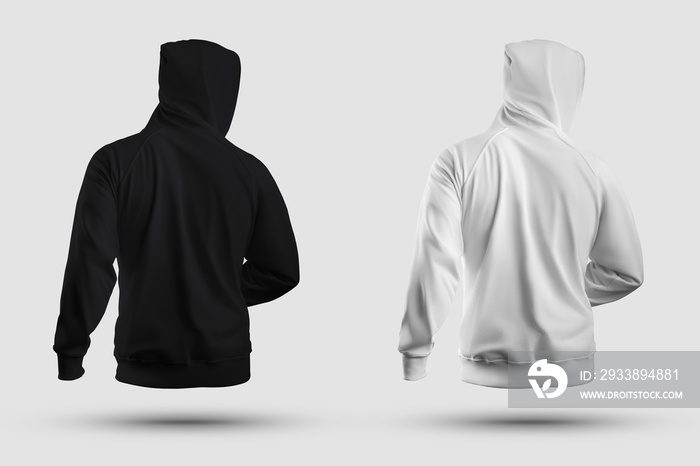 Mockup fashion blank apparel 3D rendering, white, black hoodie with hood, isolated on background, ba