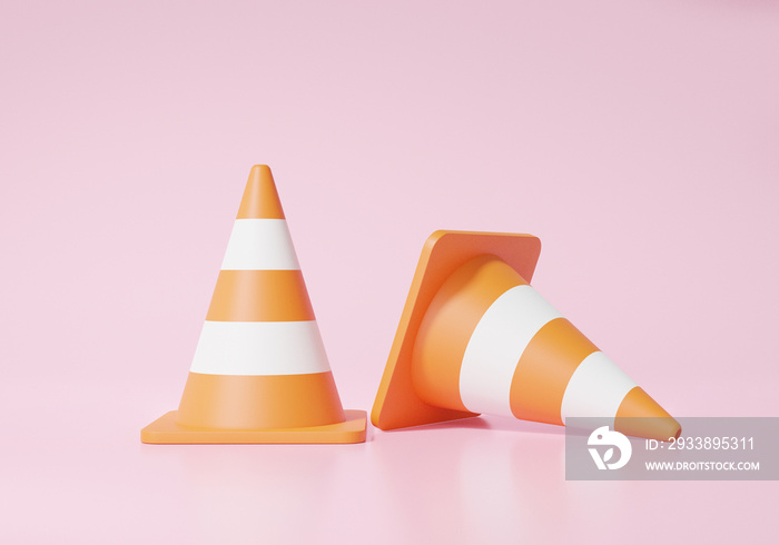 两个橙色交通锥，粉红色背景上有白色条纹。事故预防警报概念。C