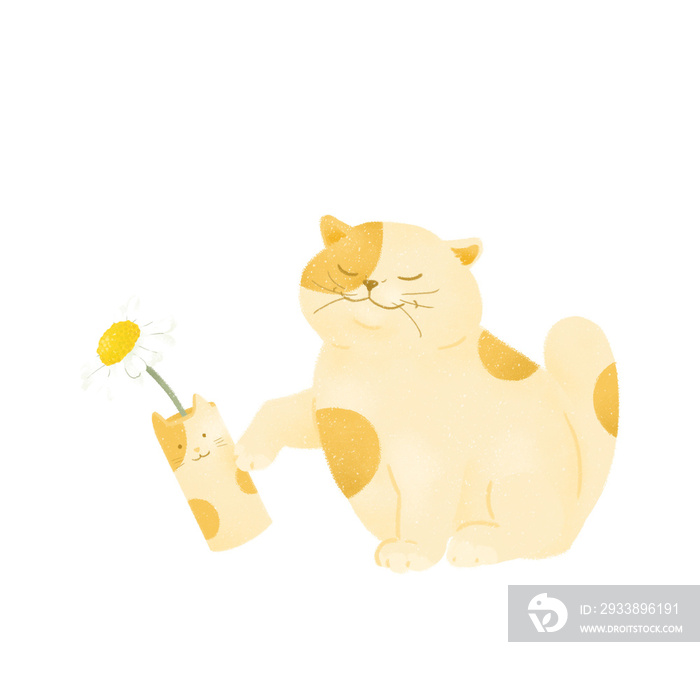 cute chubby beige cat knocking off a vase on transparent background