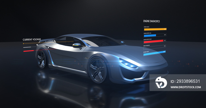 Modern Futuristic Electric Car On Production Platform. Diagnostics Data On Screen. Electric Battery 
