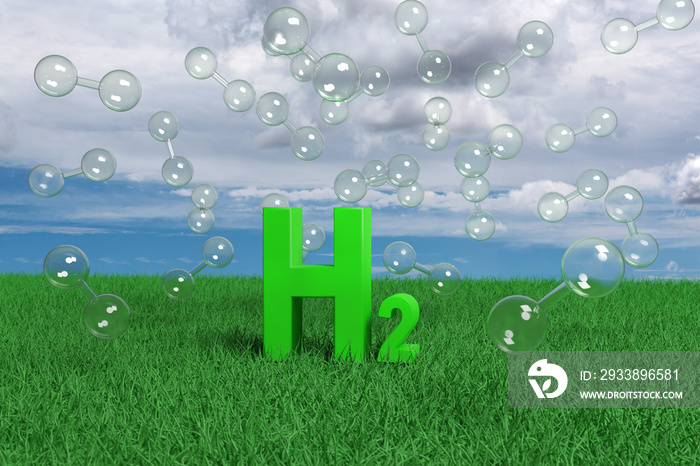 Green h2 text on the grass with a blue sky with white clouds in the background. 3d illustration.