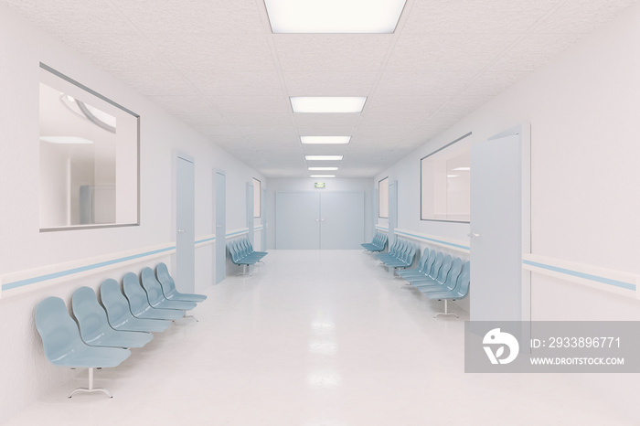 hospital corridor with waiting chairs on the sides