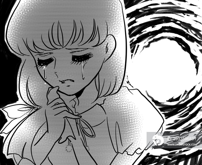 70s Japanese Shojo manga’s lady crying  with big tears painting by black and white
