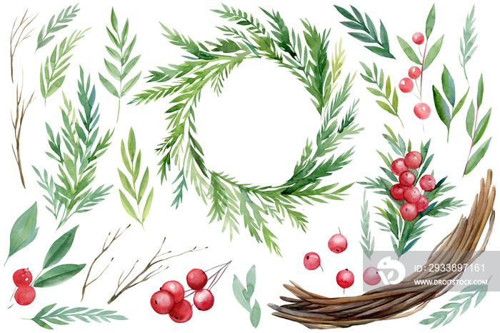 Christmas set of watercolor patterns on isolated white background, branches, wreath of leaves, red b