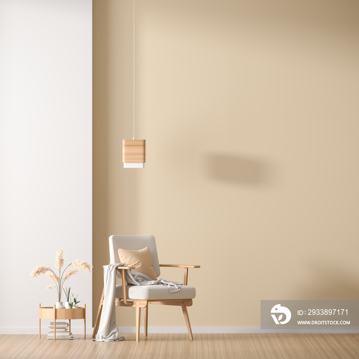 Empty wall mock up in Scandinavian style interior with wooden armchair. Minimalist interior design. 