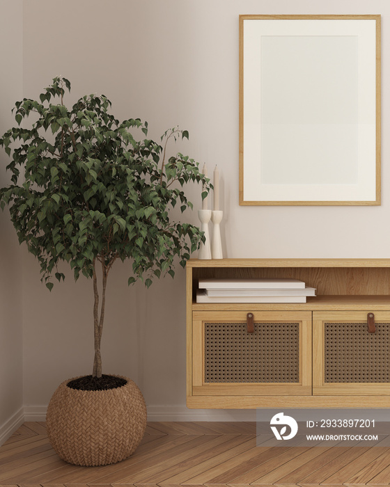 木框架模型，白色色调的舒适木制客厅的特写，休息室家具，藤条沙发