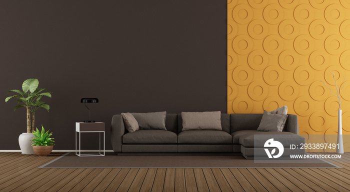 Modern living room with sofa and decorative panel