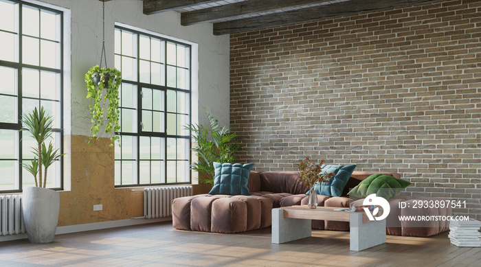 Grungy interior with brick wall and comfortable sofa, industrial style, 3d render