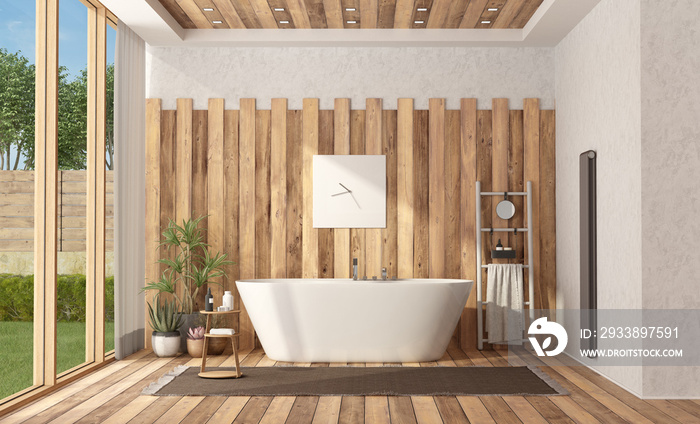 Modern wooden bathroom with bathtub