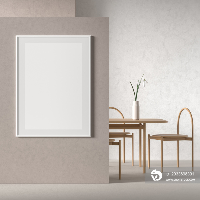 Mock up poster frame in Scandinavian style dining room with wooden chair and table.  Minimalist dini