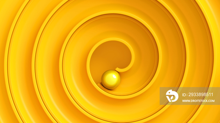 Yellow ball roll through swirl maze viewed from top. Concept of achievement, reaching goals. 3d rend