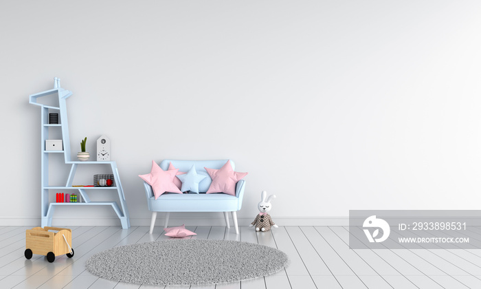 Blue sofa in child room for mockup, 3D rendering
